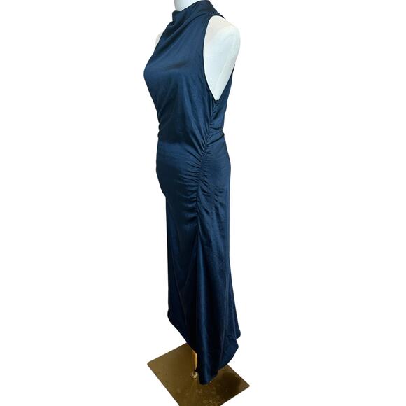 A.L.C. Blue Satin Halter Gown Size 8 Cocktail Asymmetric Ruched Midi Dress $500 - Picture 10 of 14